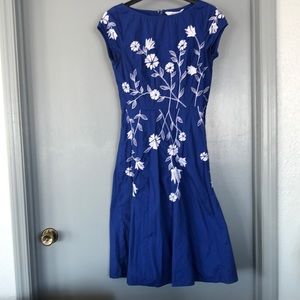 Eshakti Royal Blue Floral Embroidered Poplin Fit and Flare Dress Size M /8 Retro